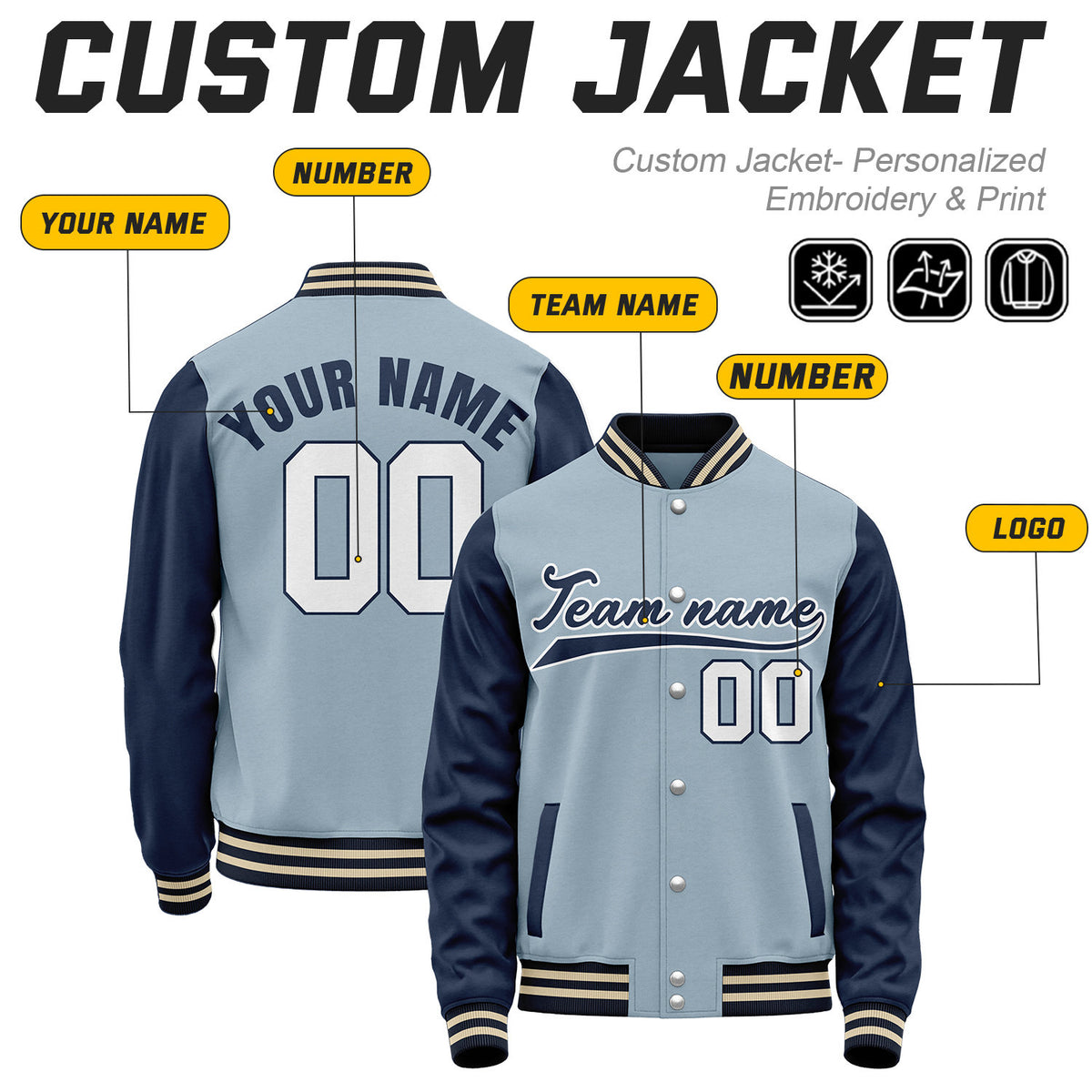 - Custom Light Blue & Navy Baseball Bomber Jacket | Retro Collegiate Varsity & Letterman