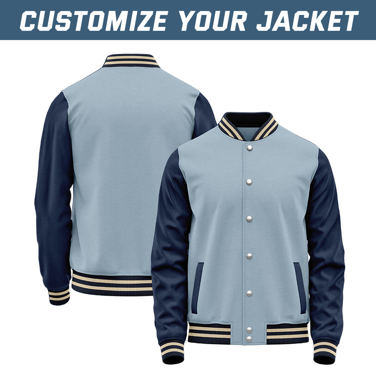- Custom Light Blue & Navy Baseball Bomber Jacket | Retro Collegiate Varsity & Letterman