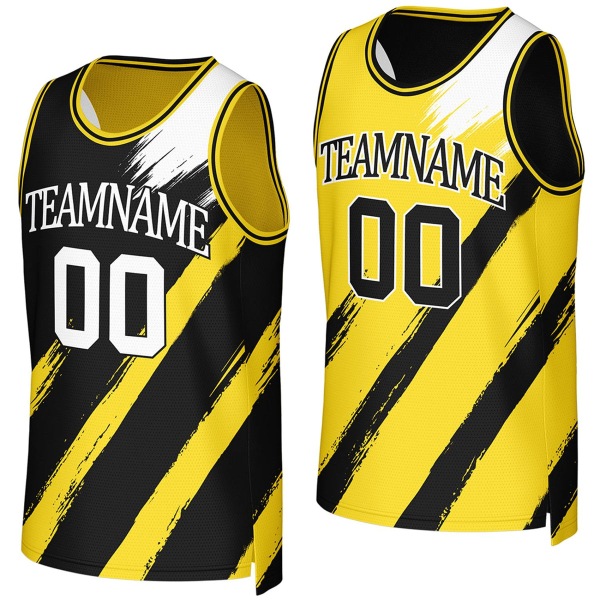 Custom college basketball jerseys black yellow reversible by Vosoli, Personalized team name, number &amp; logo. Fast delivery.