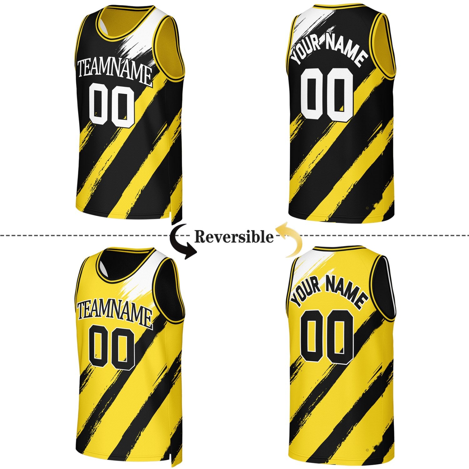 Custom Black & Yellow Brush Stroke Reversible Basketball Jersey | Personalized Team Uniforms for Adult & Youth