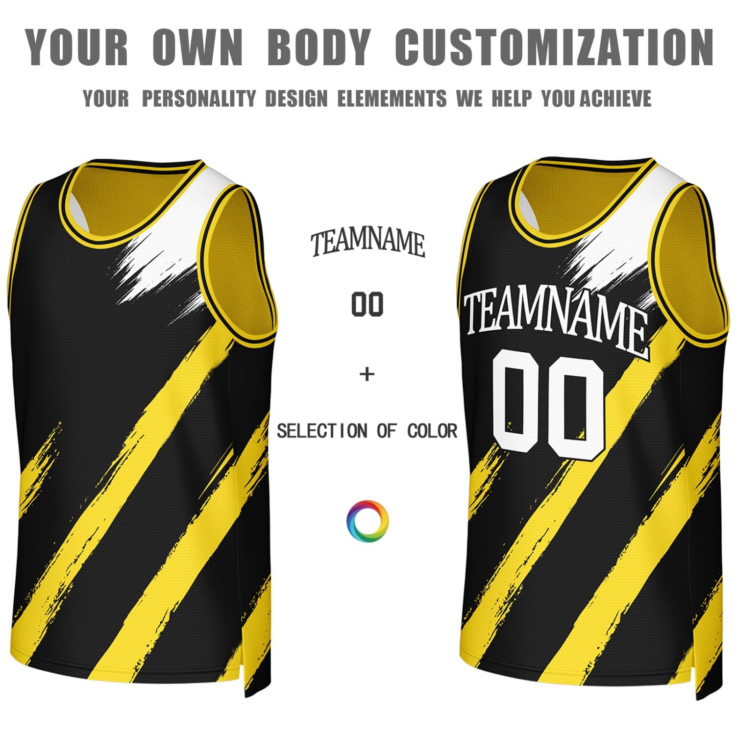 Custom Black & Yellow Brush Stroke Reversible Basketball Jersey | Personalized Team Uniforms for Adult & Youth