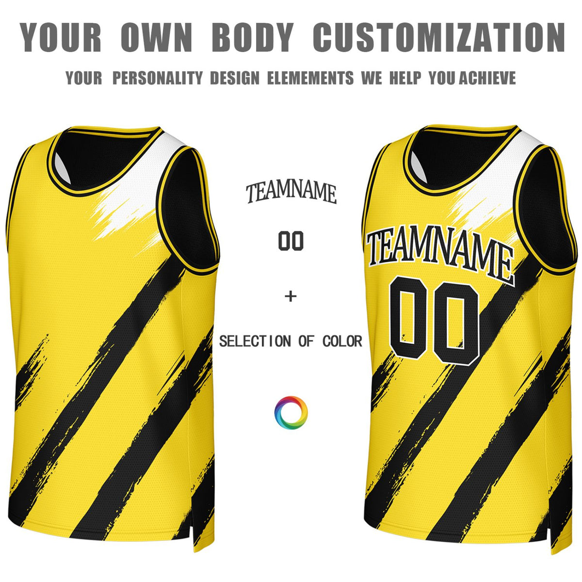 Custom Black & Yellow Brush Stroke Reversible Basketball Jersey | Personalized Team Uniforms for Adult & Youth
