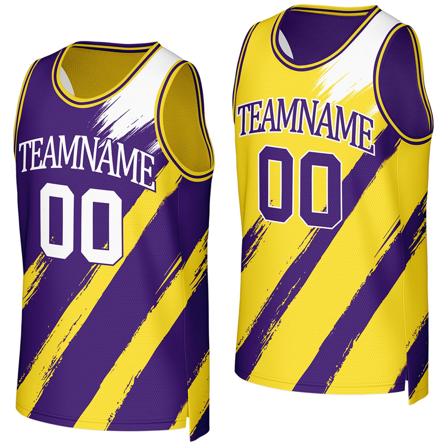 Custom college basketball team jerseys purple gold reversible by Vosoli, Personalized team name, number & logo. Fast delivery.