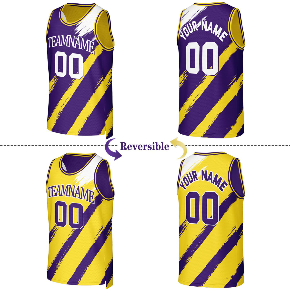Custom Purple & Gold Brush Stroke Reversible Basketball Jersey | Personalized Team Uniforms for Adult & Youth