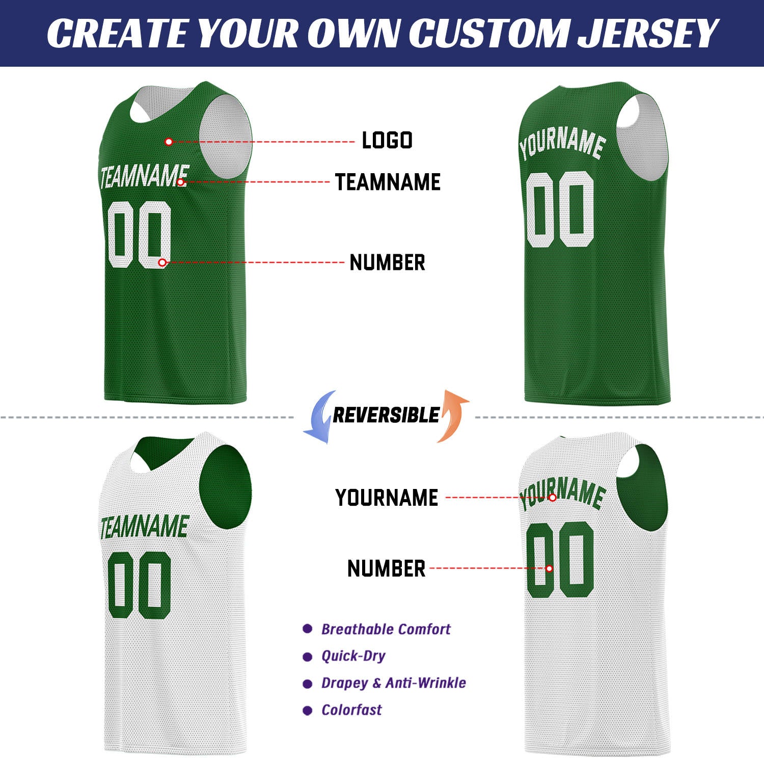 Custom Forest Green & White Double Sided Basketball Uniform Set | Breathable Mesh Tank Top and Shorts