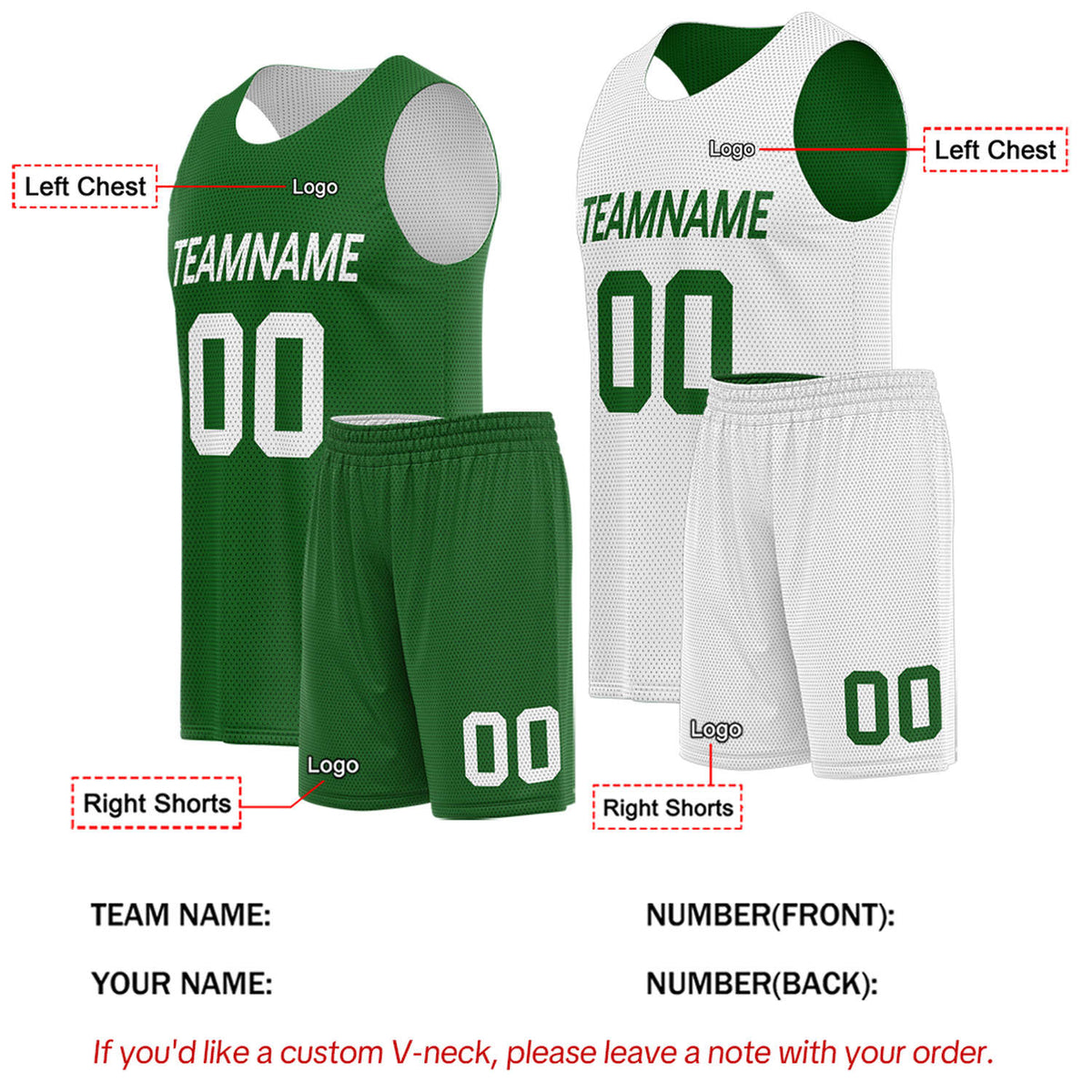 Custom Forest Green & White Double Sided Basketball Uniform Set | Breathable Mesh Tank Top and Shorts