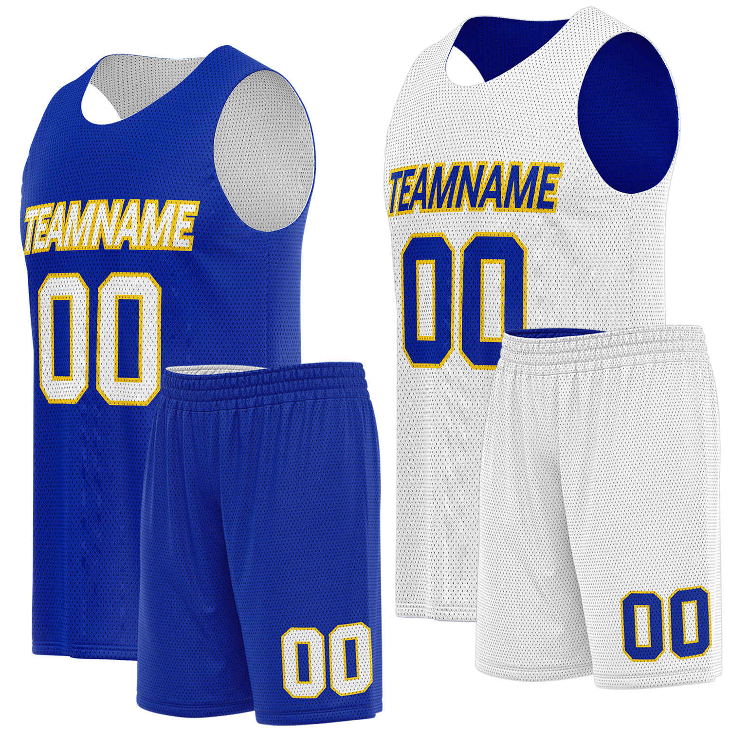 Custom college basketball uniforms royal blue white by Vosoli. Personalized team name, player number & logo. Breathable mesh. Fast delivery.