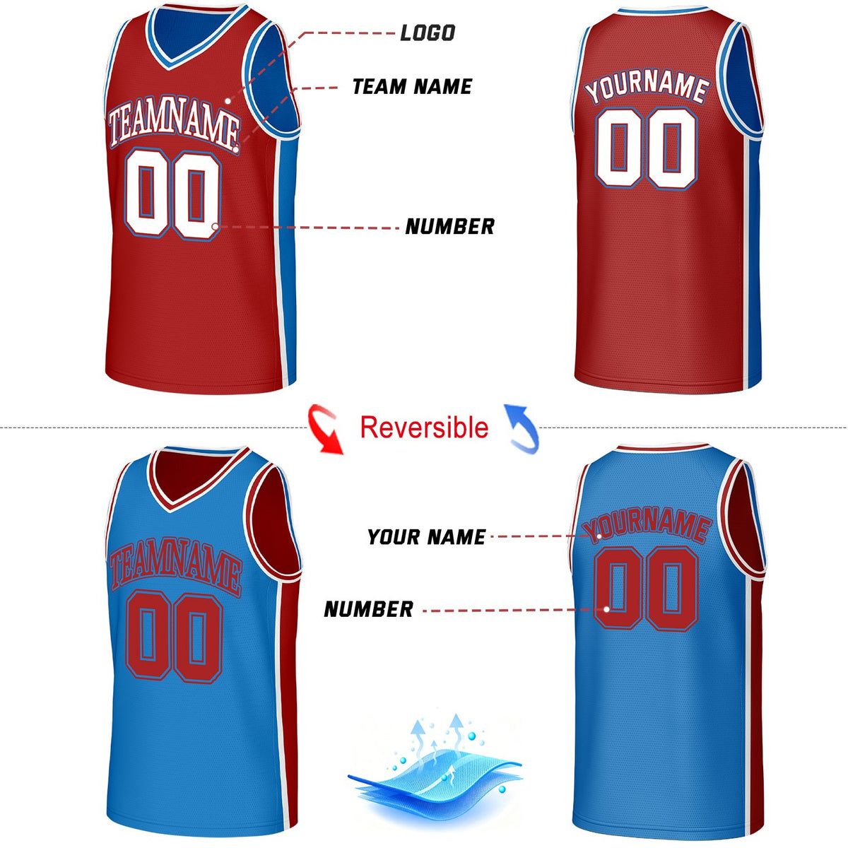 Custom Red & Blue Reversible Basketball Jersey | Personalized Team Jerseys with Name Number Logo