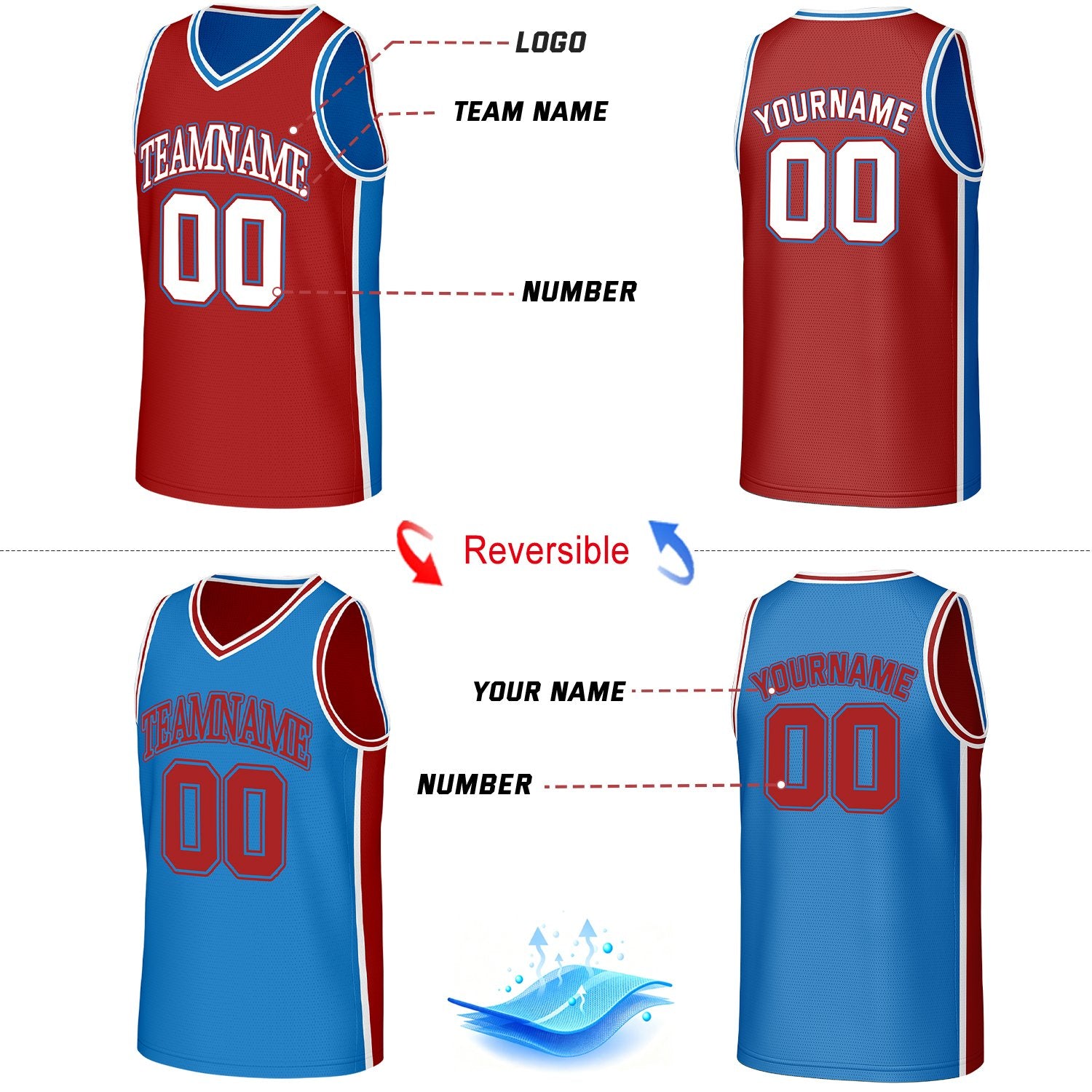 Custom Red & Blue Reversible Basketball Jersey | Personalized Team Jerseys with Name Number Logo