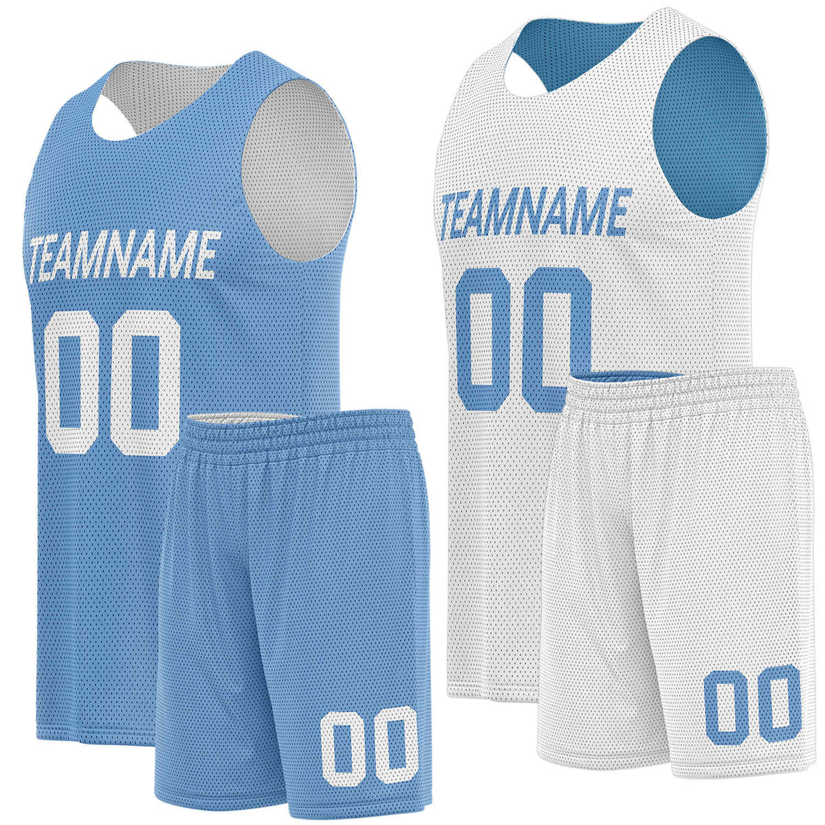 Custom college team uniforms light blue white by Vosoli. Personalized team name, player number & logo. Breathable mesh. Fast delivery.