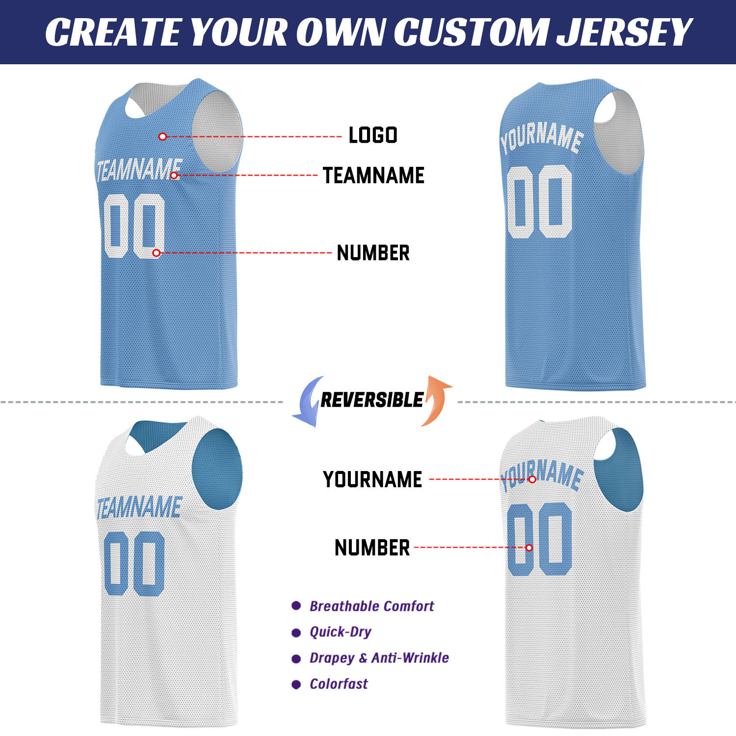 Custom college team uniforms light blue white by Vosoli. Personalized team name, player number & logo. Breathable mesh. Fast delivery.