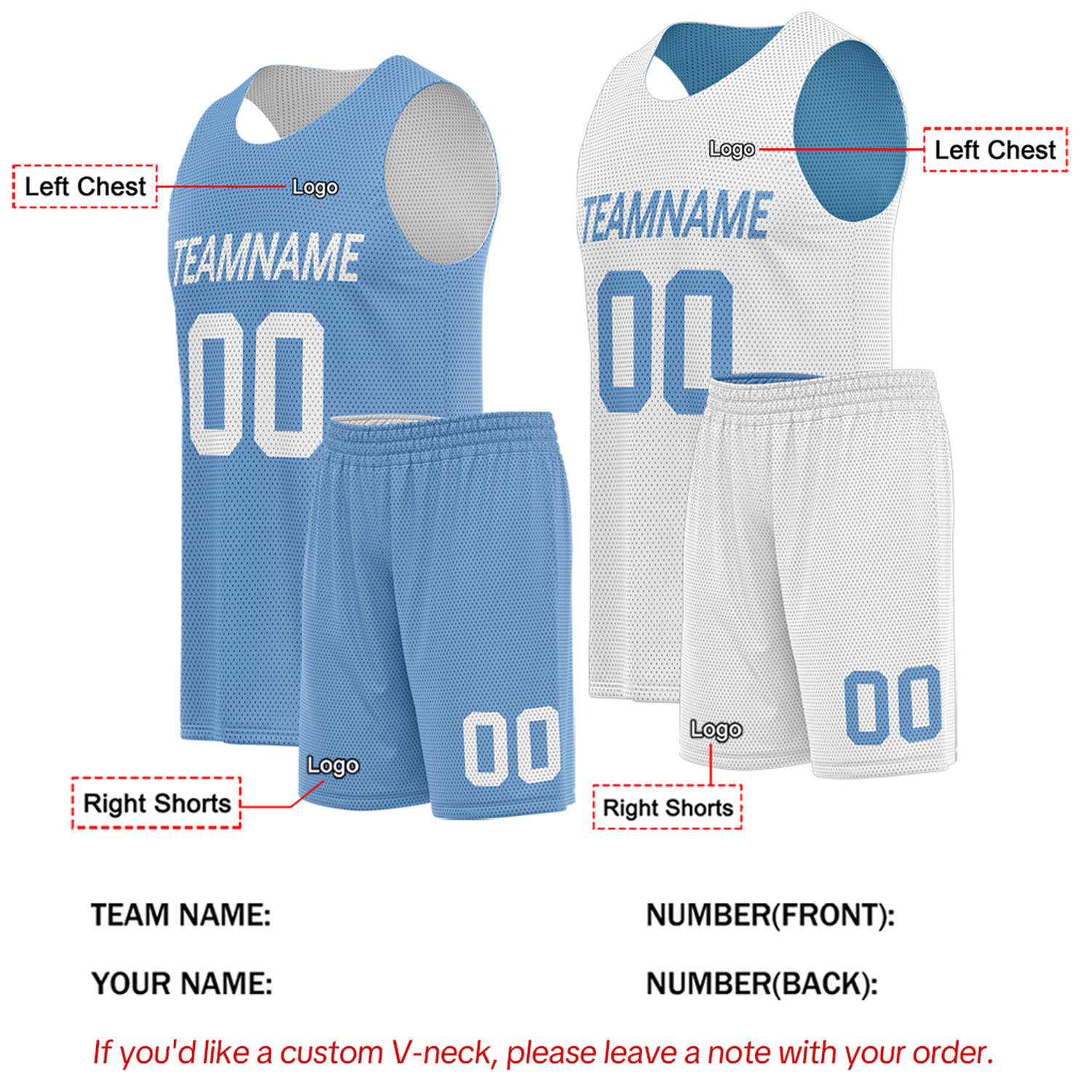Custom Light Blue & White Double Sided Basketball Uniform Set | Breathable Mesh Tank Top and Shorts