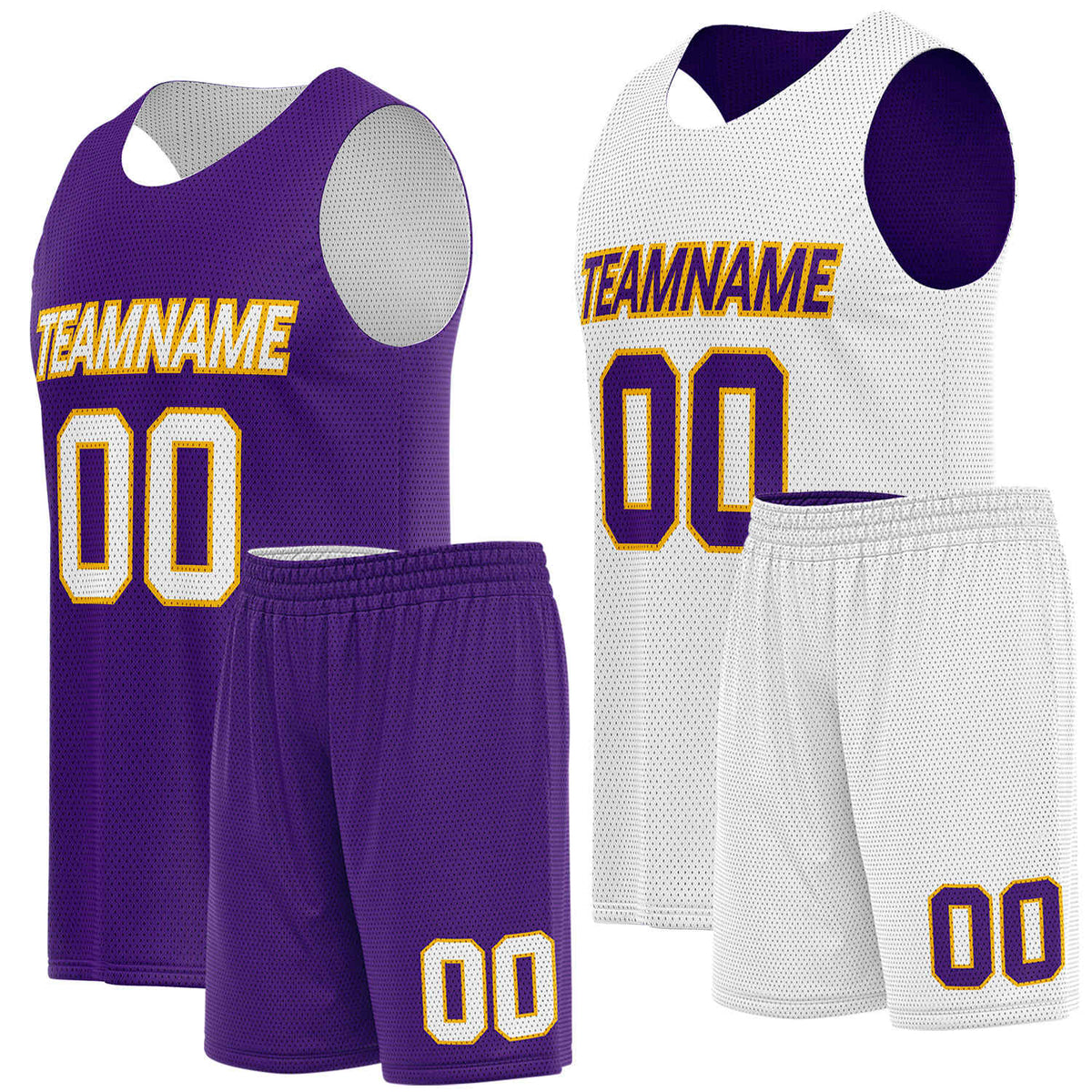 Custom college team uniforms purple white by Vosoli. Personalized team name, player number & logo. Breathable mesh. Fast delivery.