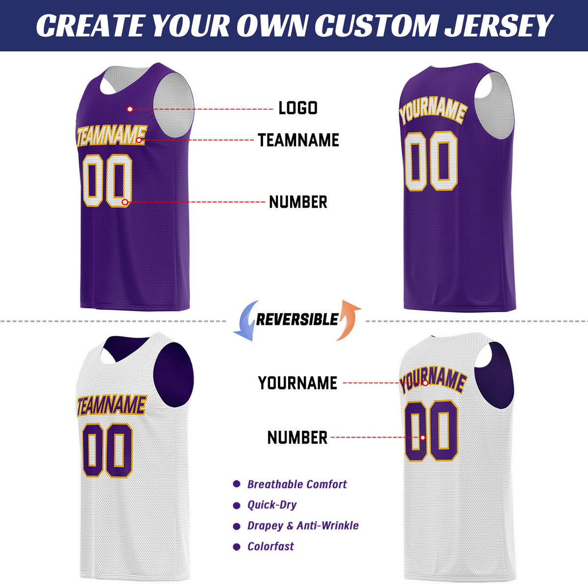 Custom Purple & White Double Sided Basketball Uniform Set | Breathable Mesh Tank Top and Shorts