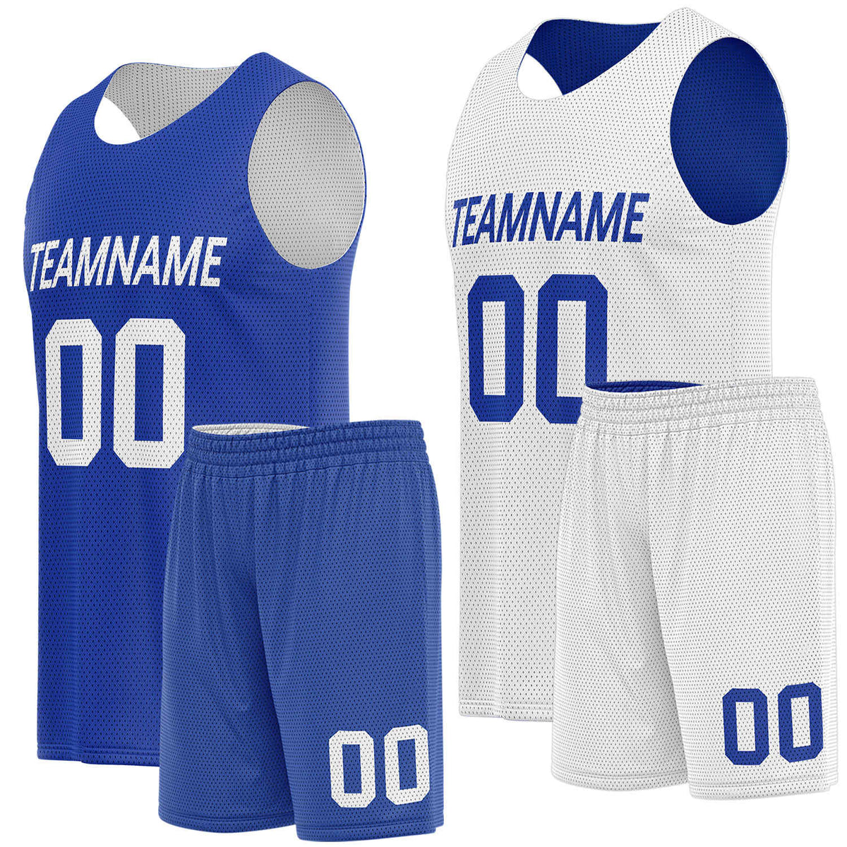 Custom college team uniforms royal blue white by Vosoli. Personalized team name, player number &amp; logo. Breathable mesh. Fast delivery.