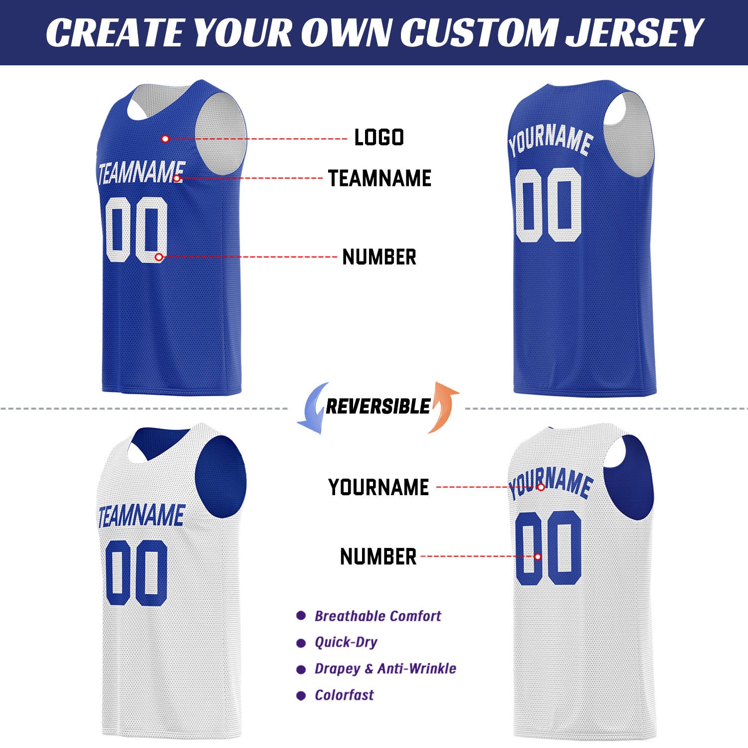 Custom Royal Blue & White Double Sided Basketball Uniform Set | Breathable Mesh Tank Top and Shorts