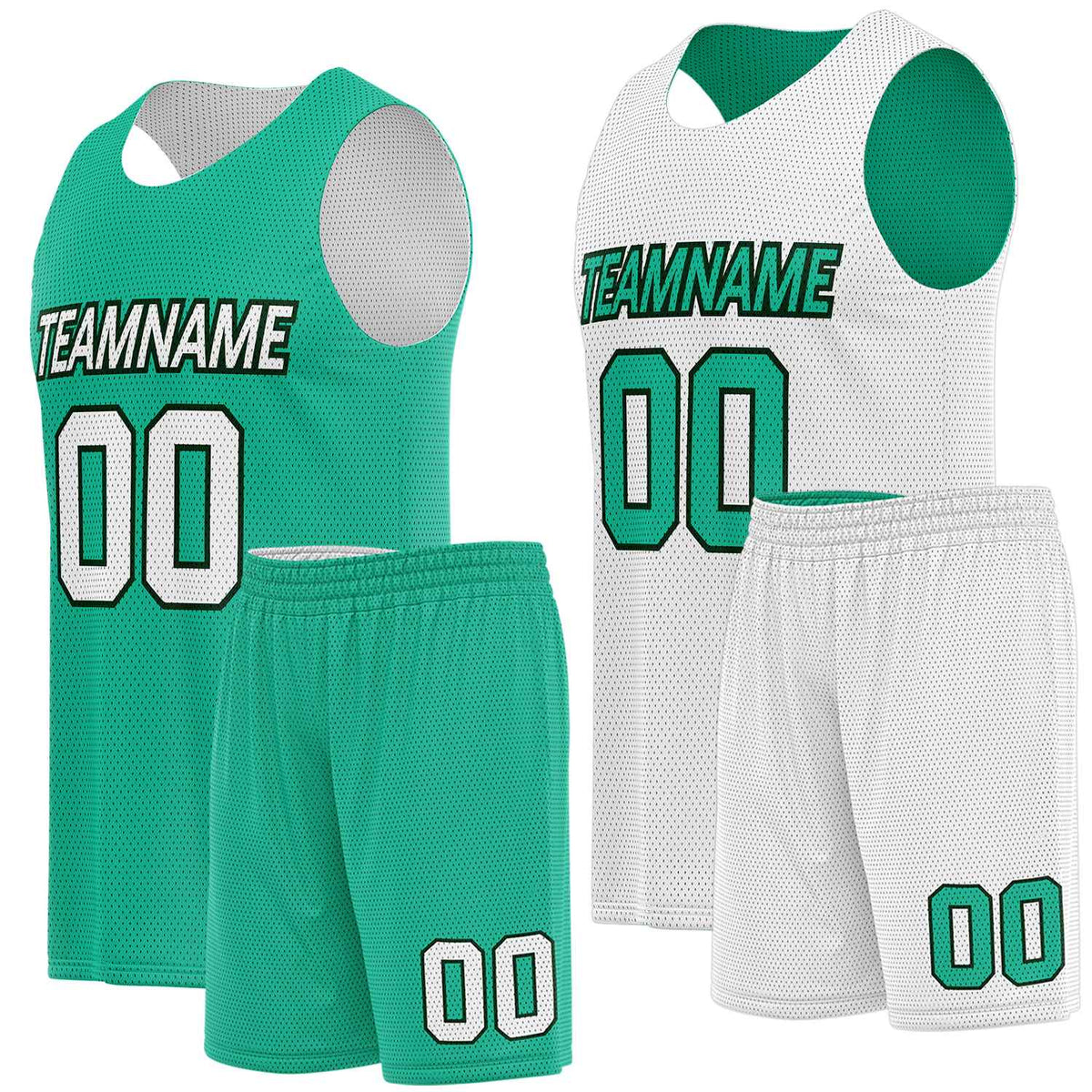 Custom college team uniforms teal white by Vosoli. Personalized team name, player number & logo. Breathable mesh. Fast delivery.