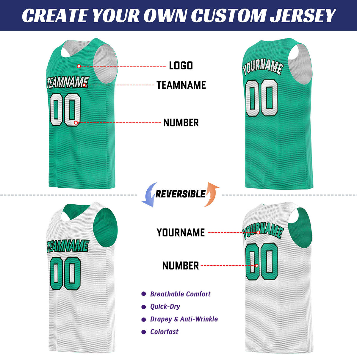 Custom Teal & White Double Sided Basketball Uniform Set | Breathable Mesh Tank Top and Shorts