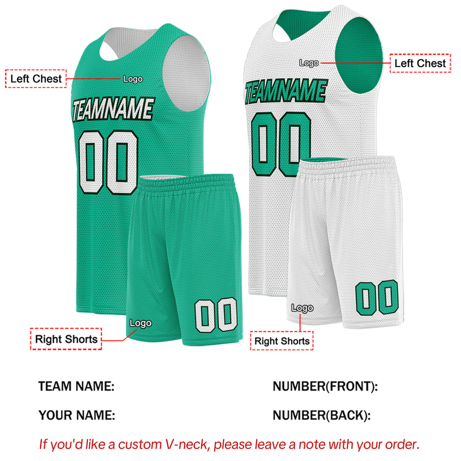 Custom Teal & White Double Sided Basketball Uniform Set | Breathable Mesh Tank Top and Shorts