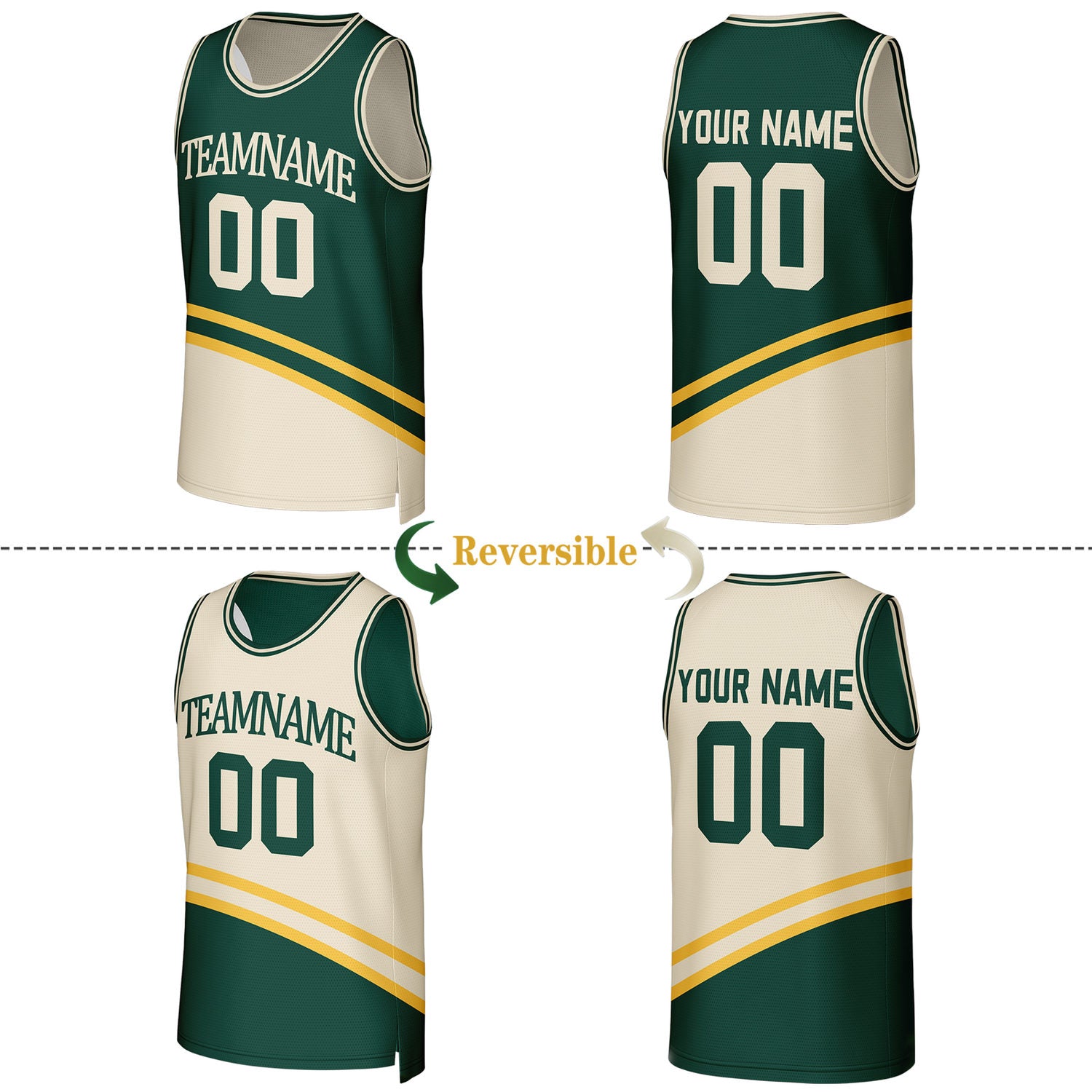 Custom Green & Cream Reversible Basketball Jersey | Personalized Team Jerseys for Adult & Youth