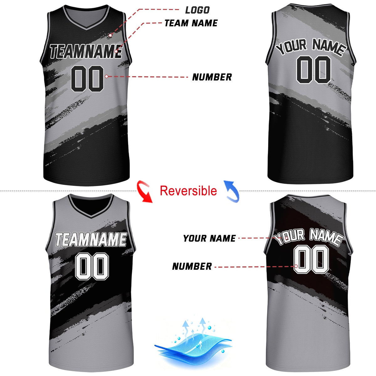 Custom Black & Gray Brush Stroke Reversible Basketball Jersey | Adult Youth Jerseys for Large Group Team Orders