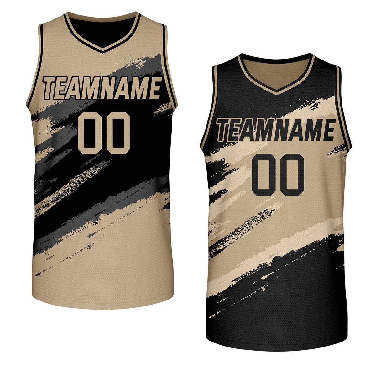 company basketball team jerseys black khaki reversible by Vosoli, personalized team name, number &amp; logo, breathable mesh dual sided basketball jersey for company corporate team games