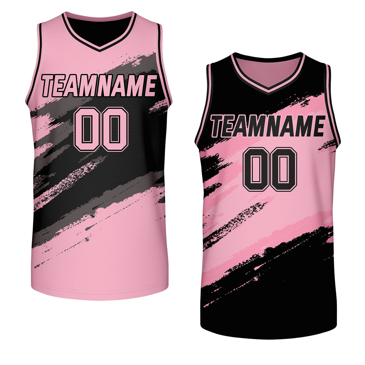 company basketball team jerseys black pink reversible by Vosoli, personalized team name, number &amp; logo, breathable mesh dual sided basketball jersey for company corporate team games