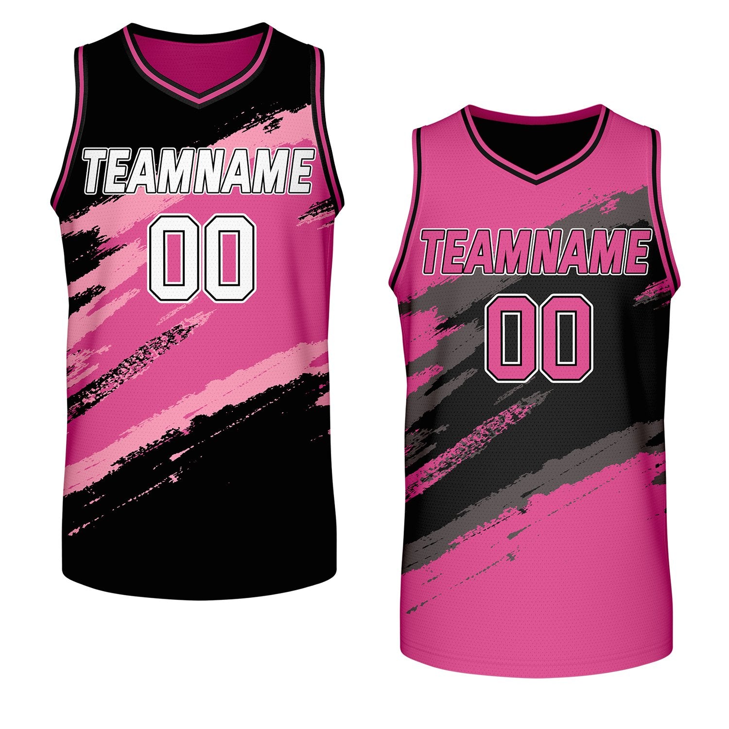 custom company basketball jerseys black pink reversible by Vosoli, personalized team name, number & logo, breathable mesh dual sided basketball jersey for company corporate team games