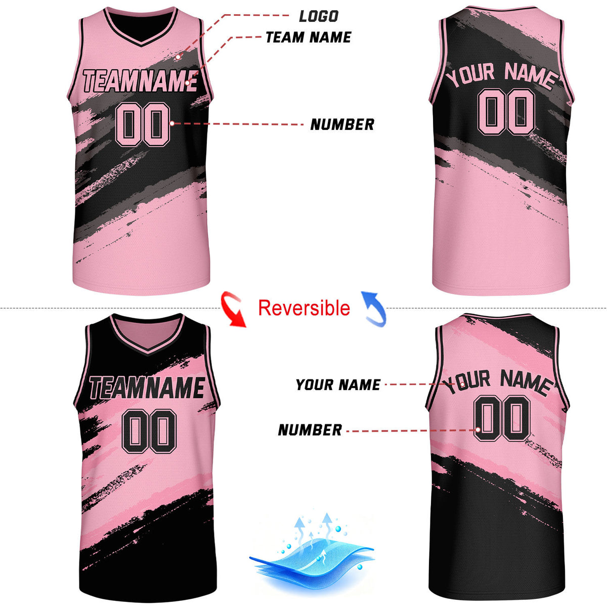 Custom Black & Pink Brush Stroke Reversible Basketball Jersey | Adult Youth Jerseys for Large Group Team Orders