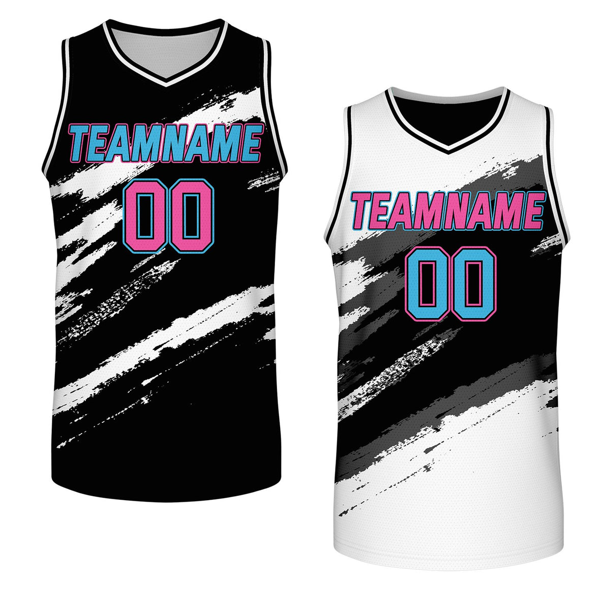 company basketball team jerseys black white reversible by Vosoli, personalized team name, number & logo, breathable mesh dual sided basketball jersey for company corporate team games