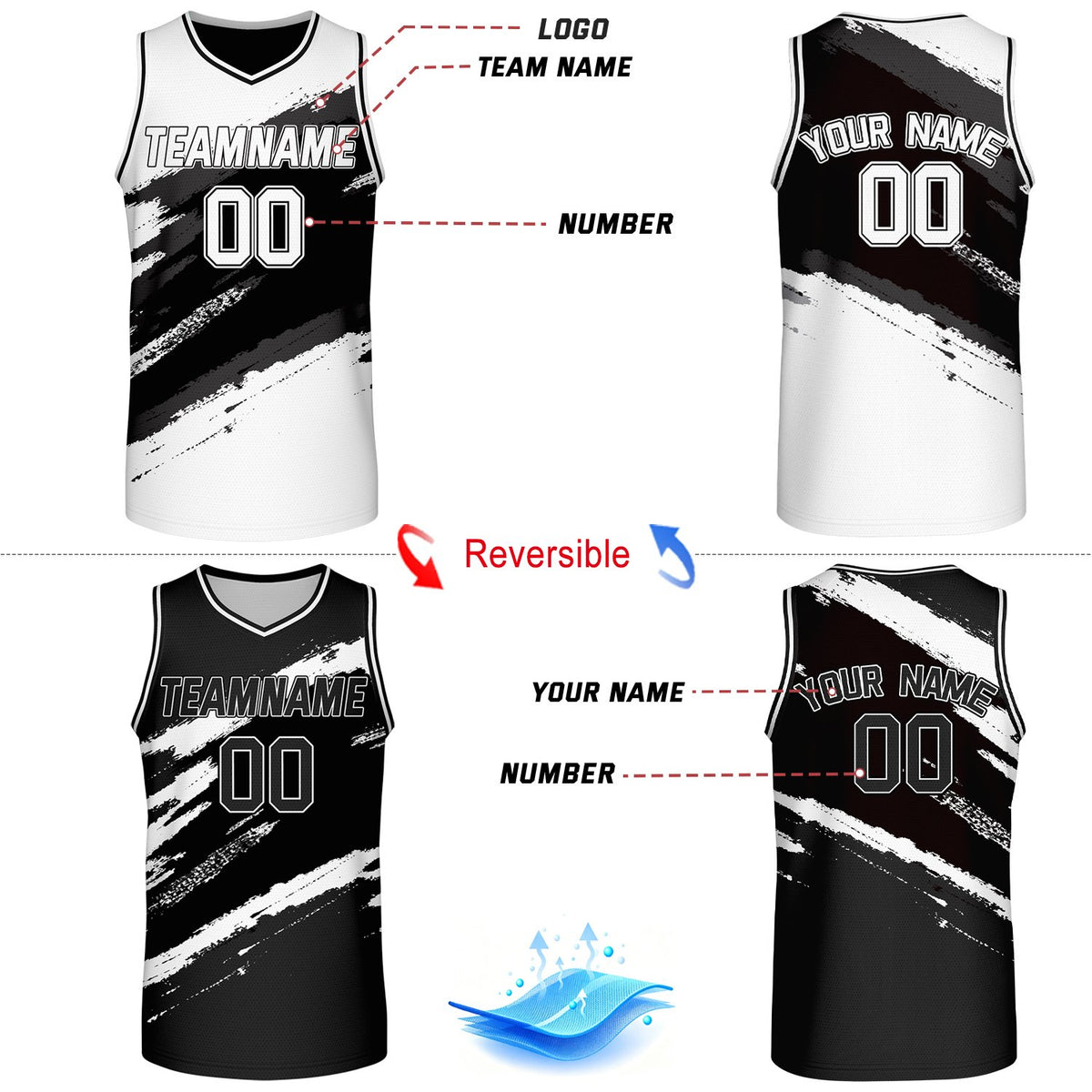 Custom Black & White Brush Stroke Reversible Basketball Jersey | Adult Youth Jerseys for Large Group Team Orders