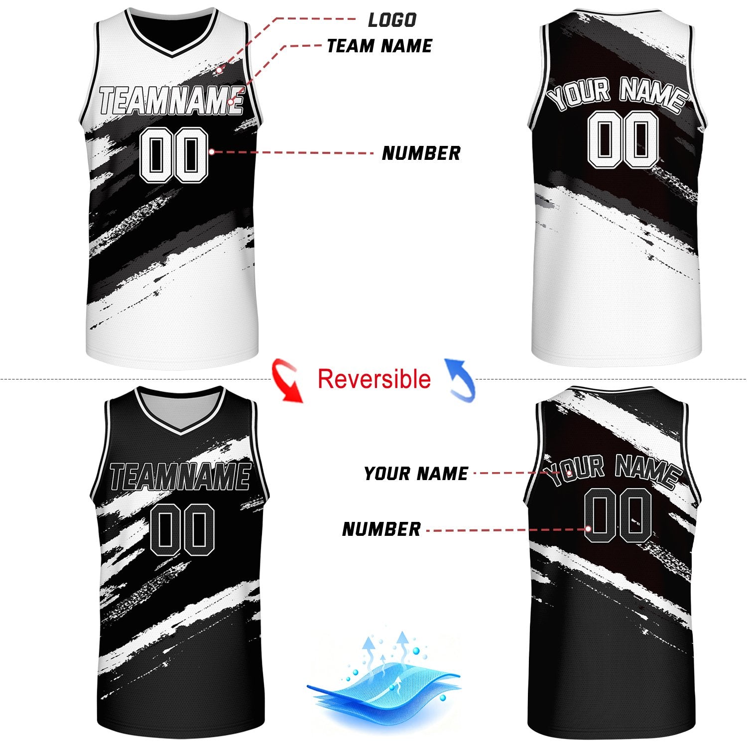 Custom Black & White Brush Stroke Reversible Basketball Jersey | Adult Youth Jerseys for Large Group Team Orders