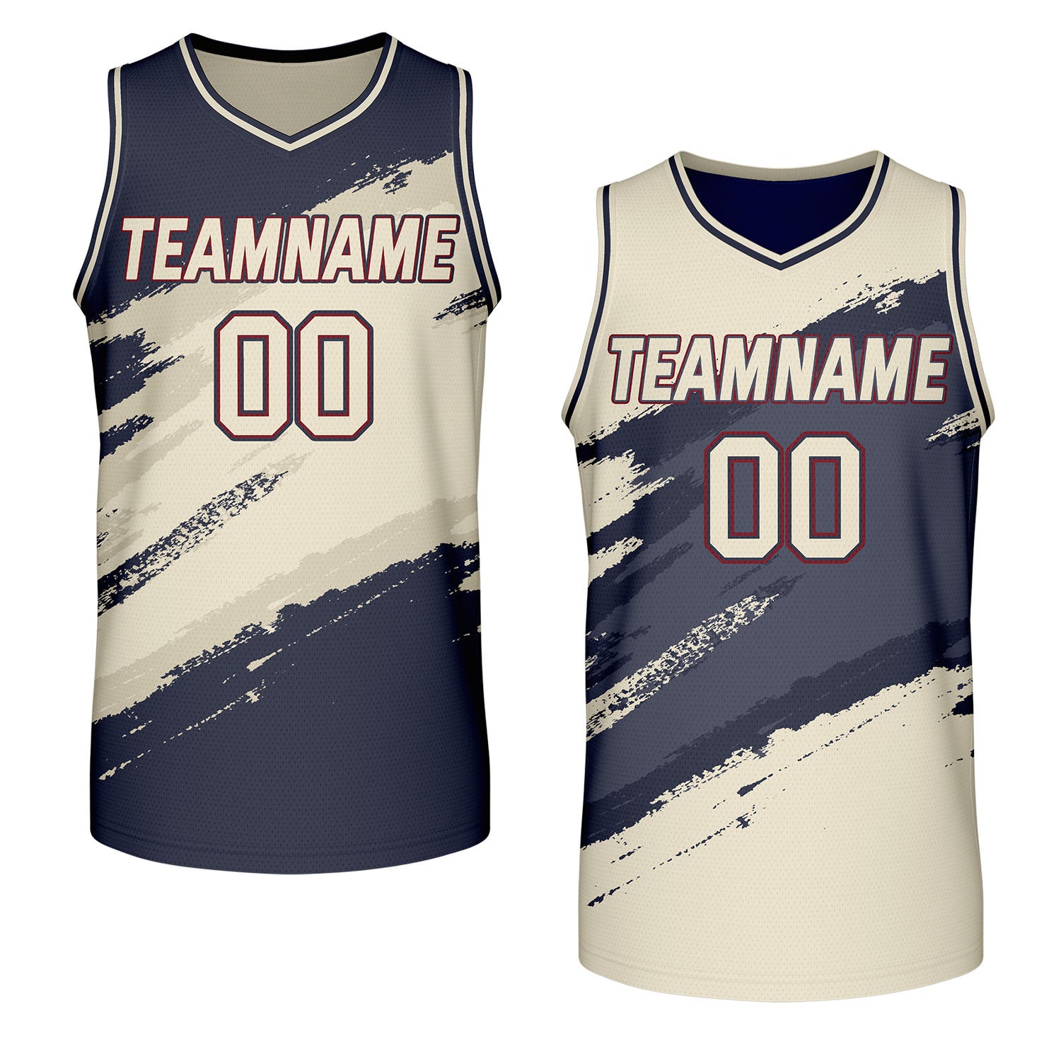 custom company basketball jerseys navy cream reversible by Vosoli, personalized team name, number & logo, breathable mesh dual sided basketball jersey for company corporate team games