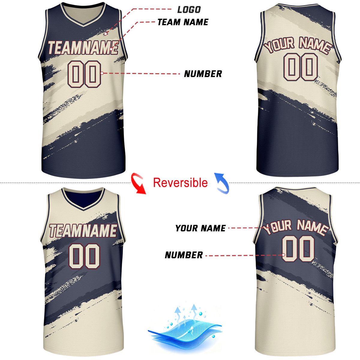 Custom Navy & Cream Brush Stroke Reversible Basketball Jersey | Adult Youth Jerseys for Large Group Team Orders
