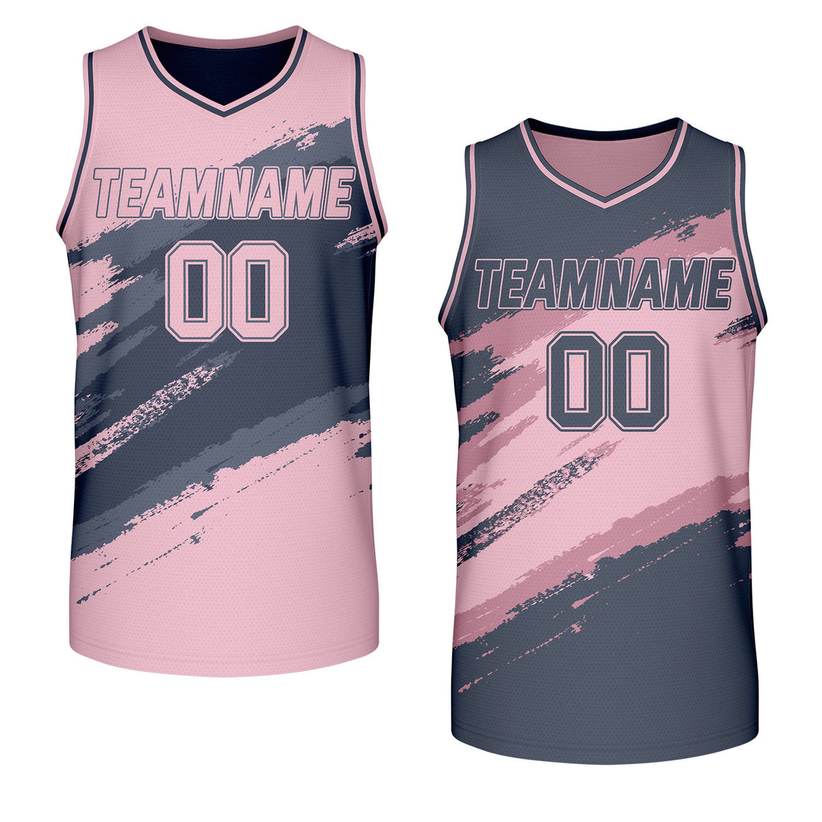 custom company basketball jerseys pink navy reversible by Vosoli, personalized team name, number &amp; logo, breathable mesh dual sided basketball jersey for company corporate team games