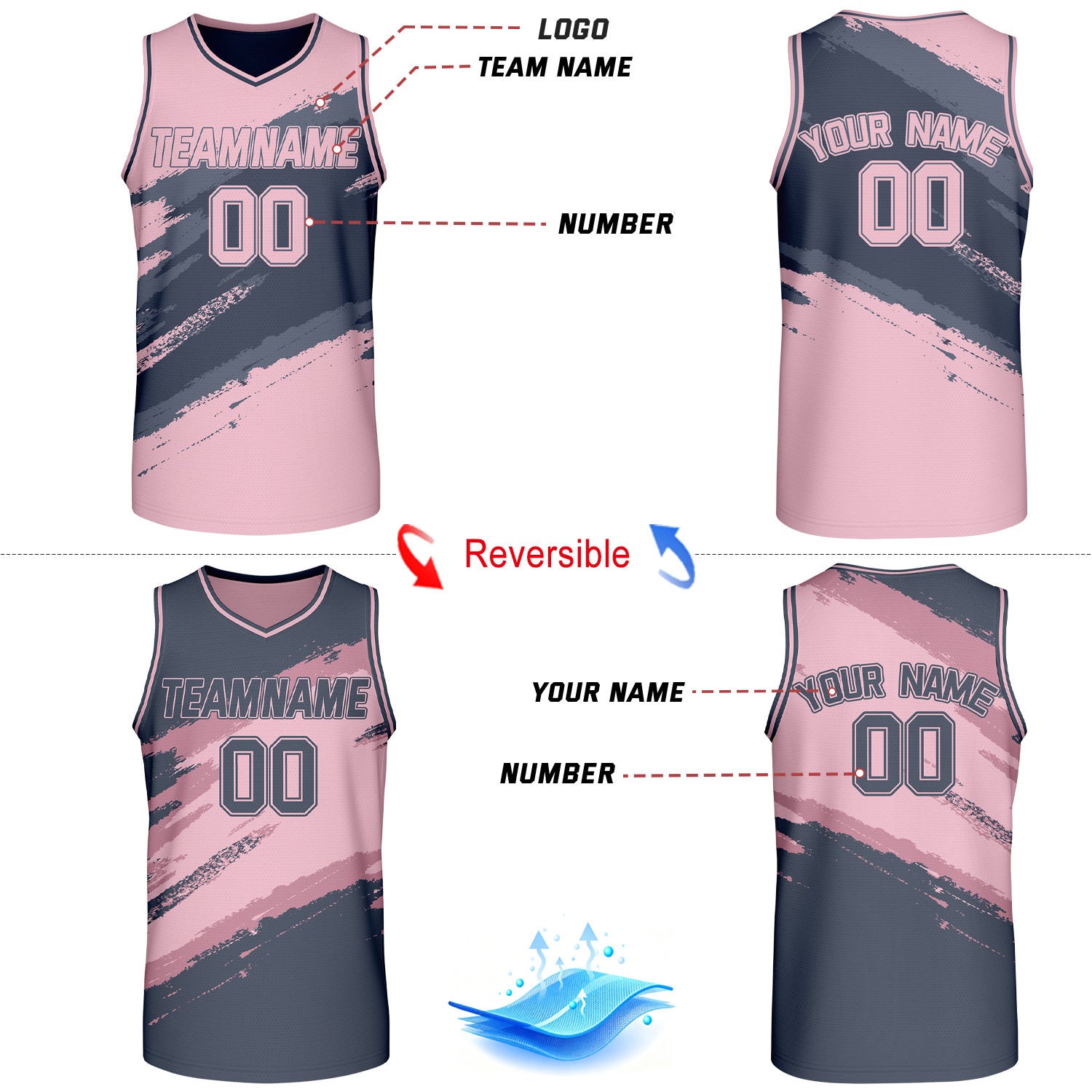Custom Pink & Navy Brush Stroke Reversible Basketball Jersey | Adult Youth Jerseys for Large Group Team Orders