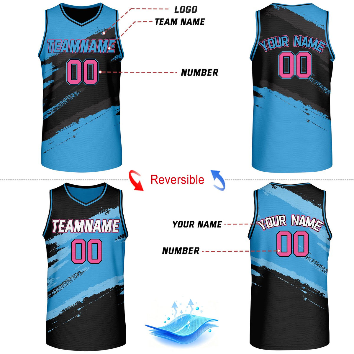 Custom Black & Light Blue Brush Stroke Reversible Basketball Jersey | Adult Youth Jerseys for Large Group Team Orders