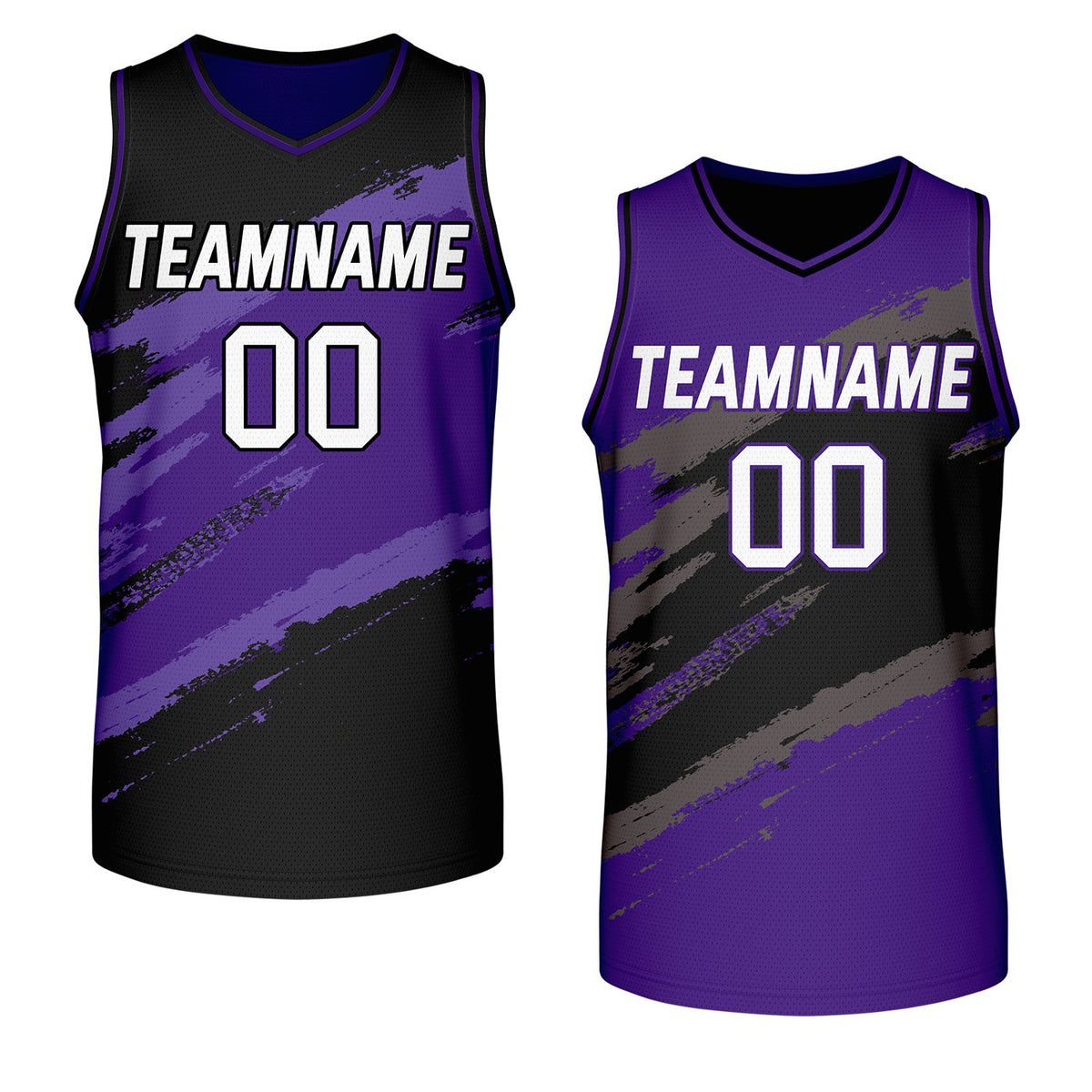 custom corporate basketball jerseys black purple reversible by Vosoli, personalized team name, number &amp; logo, breathable mesh dual sided basketball jersey for company corporate team games