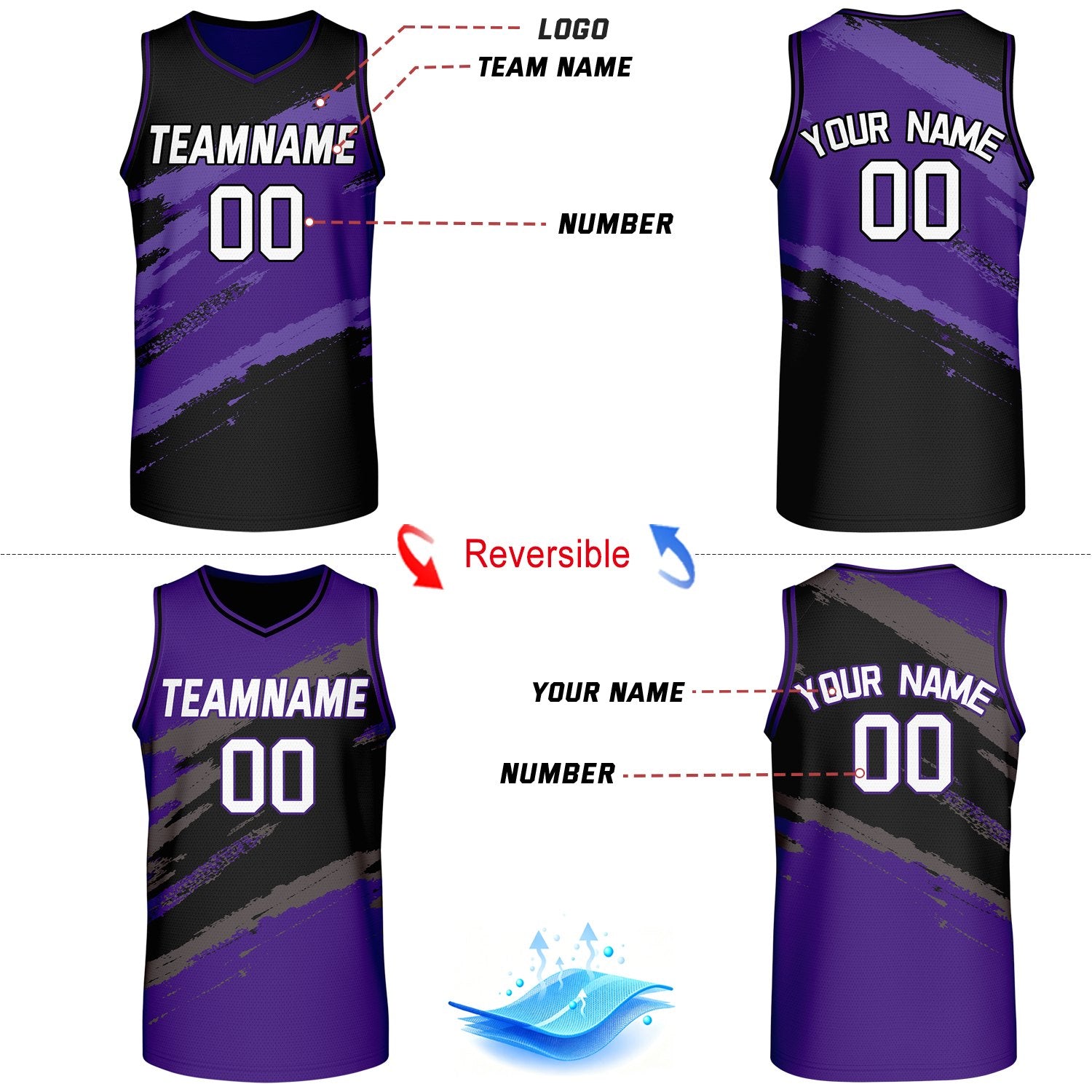 Custom Black & Purple Brush Stroke Reversible Basketball Jersey | Adult Youth Jerseys for Large Group Team Orders