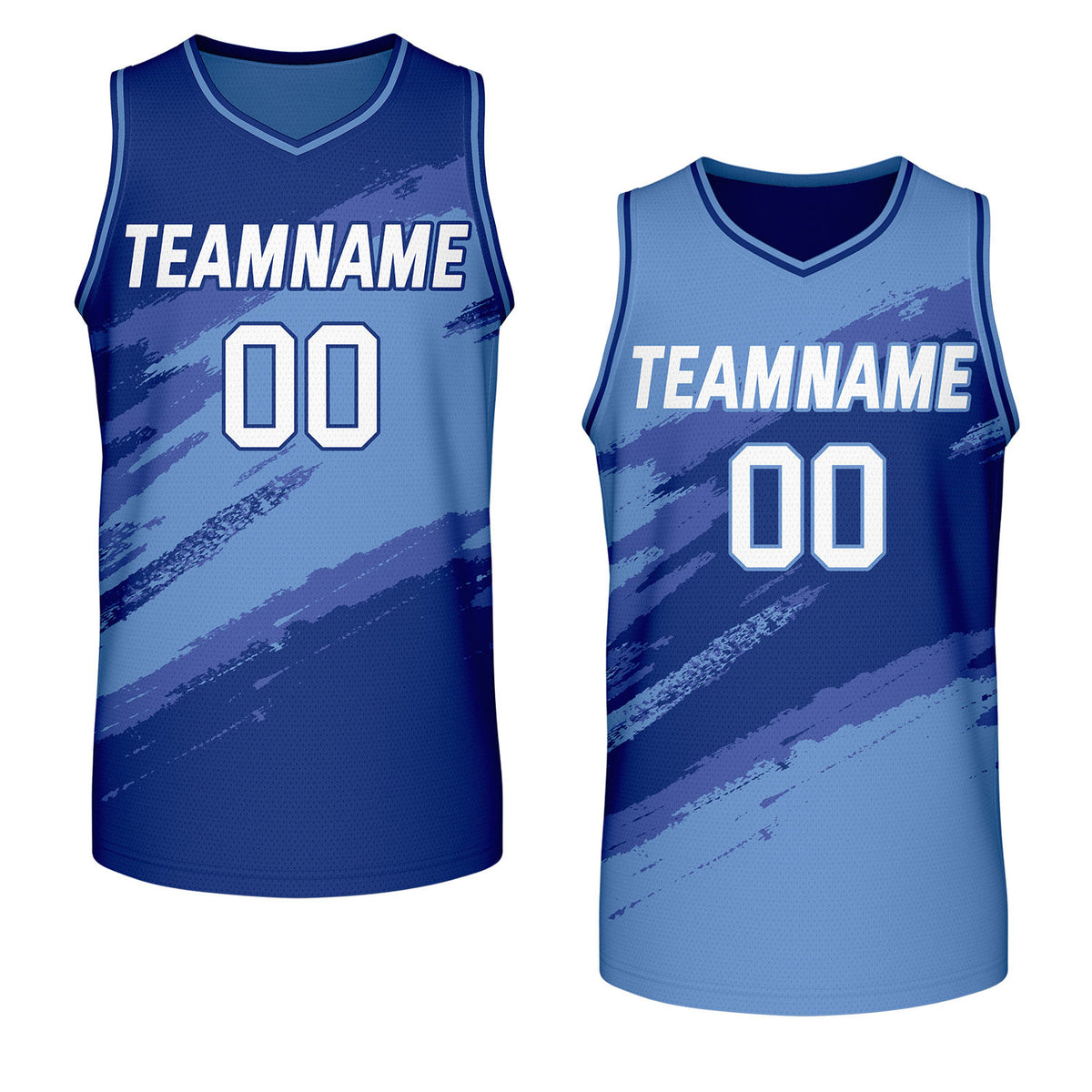 custom corporate basketball jerseys dark blue light blue reversible by Vosoli, personalized team name, number &amp; logo, breathable mesh dual sided basketball jersey for company corporate team games