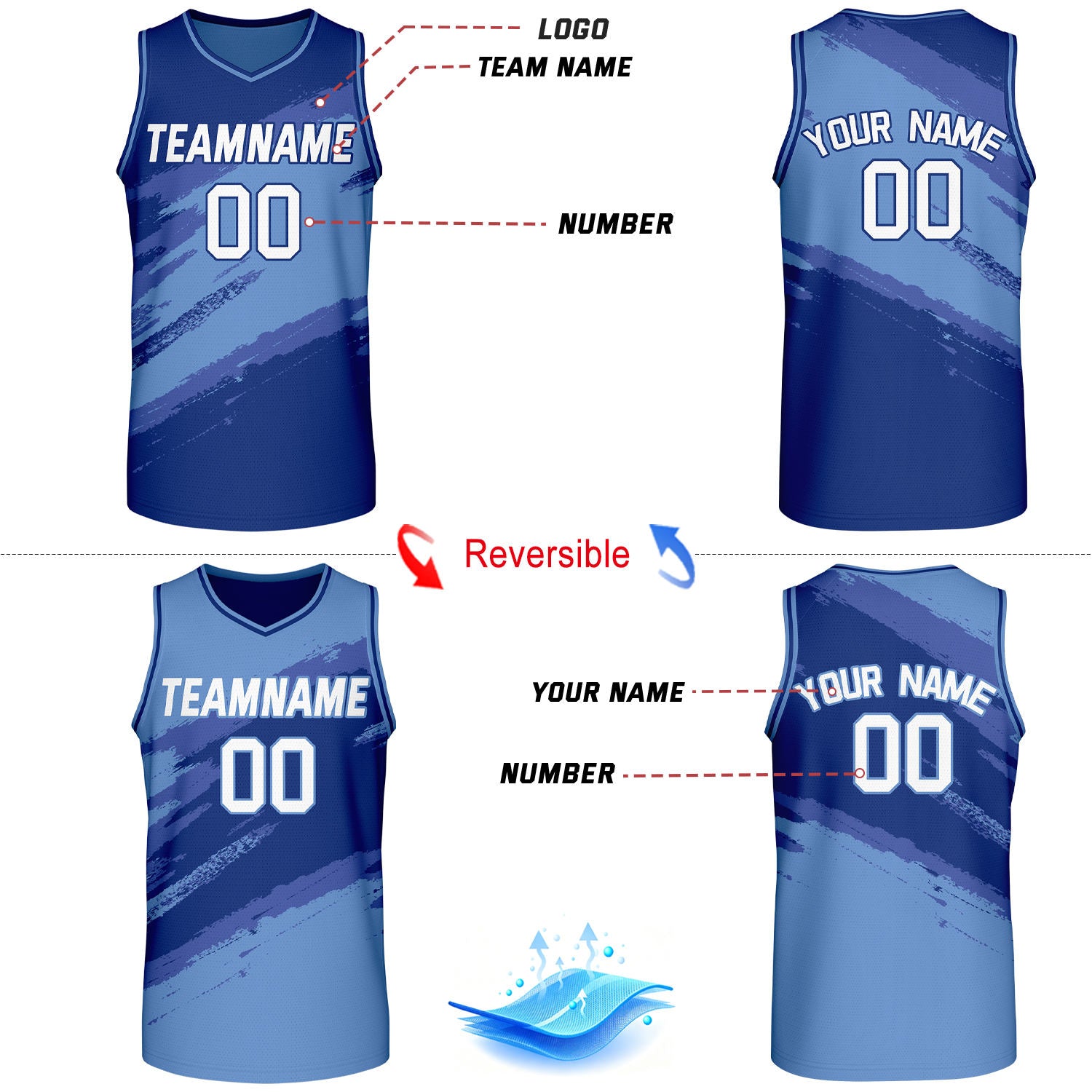 Custom Dark Blue & Light Blue Brush Stroke Reversible Basketball Jersey | Adult Youth Jerseys for Large Group Team Orders