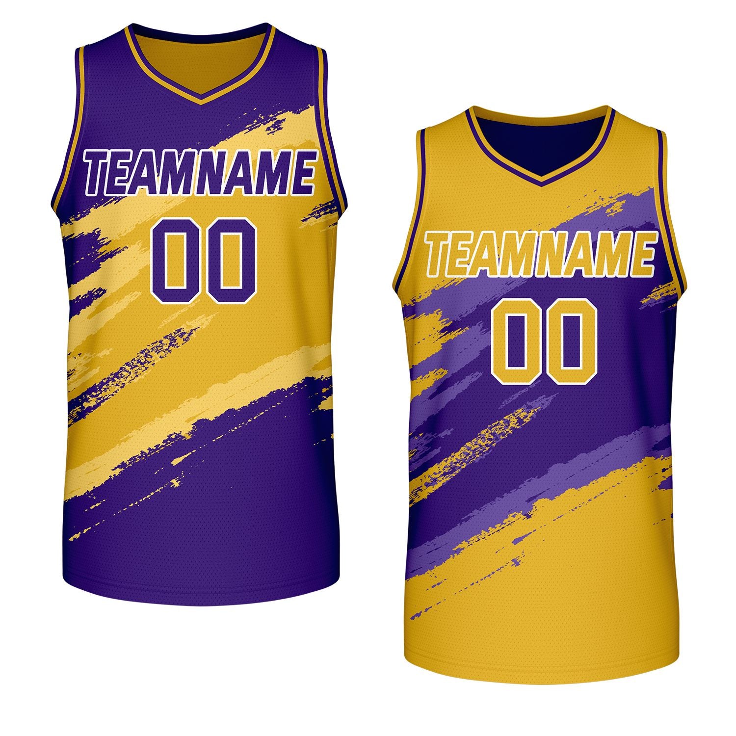 custom corporate basketball jerseys purple gold reversible by Vosoli, personalized team name, number & logo, breathable mesh dual sided basketball jersey for company corporate team games