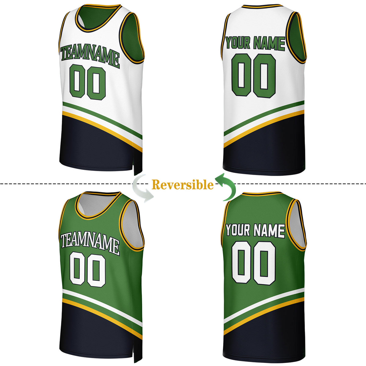 Custom White & Green Reversible Basketball Jersey | Personalized Team Jerseys for Adult & Youth