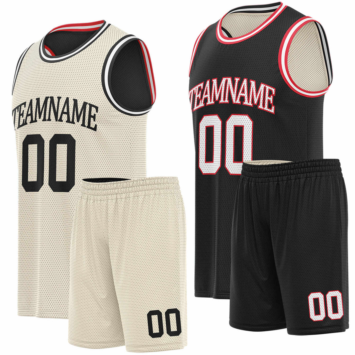 Custom cream, black &amp; red basketball jersey set, personalized name number team logo, sleeveless jersey with matching shorts sports uniform for men women youth adult game practice - Vosoli
