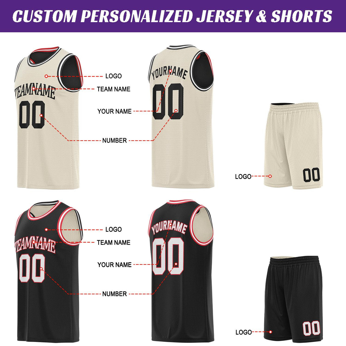 Custom Cream Black & Red Basketball Jersey Set | Personalized Team Uniform | Vosoli