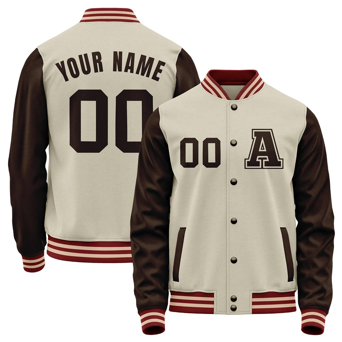 Custom cream and brown high school baseball jackets by Vosoli with stitched name, number and logo. Classic varsity jacket for baseball and casual wear.