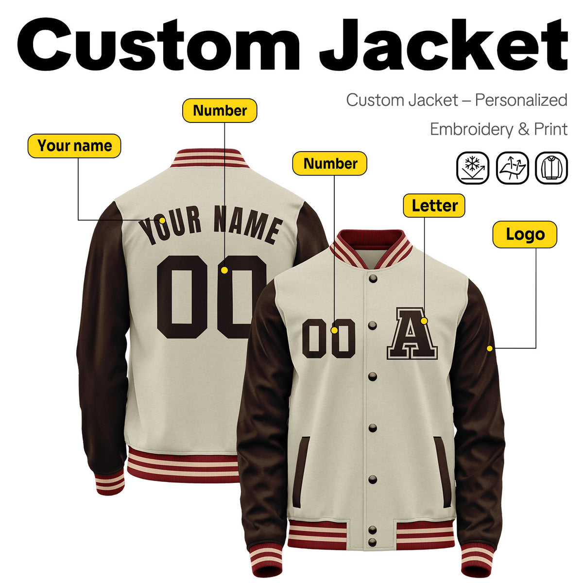 Custom Varsity Jacket with Embroidered Name & Number | Cream & Brown Personalized Team Letterman Bomber