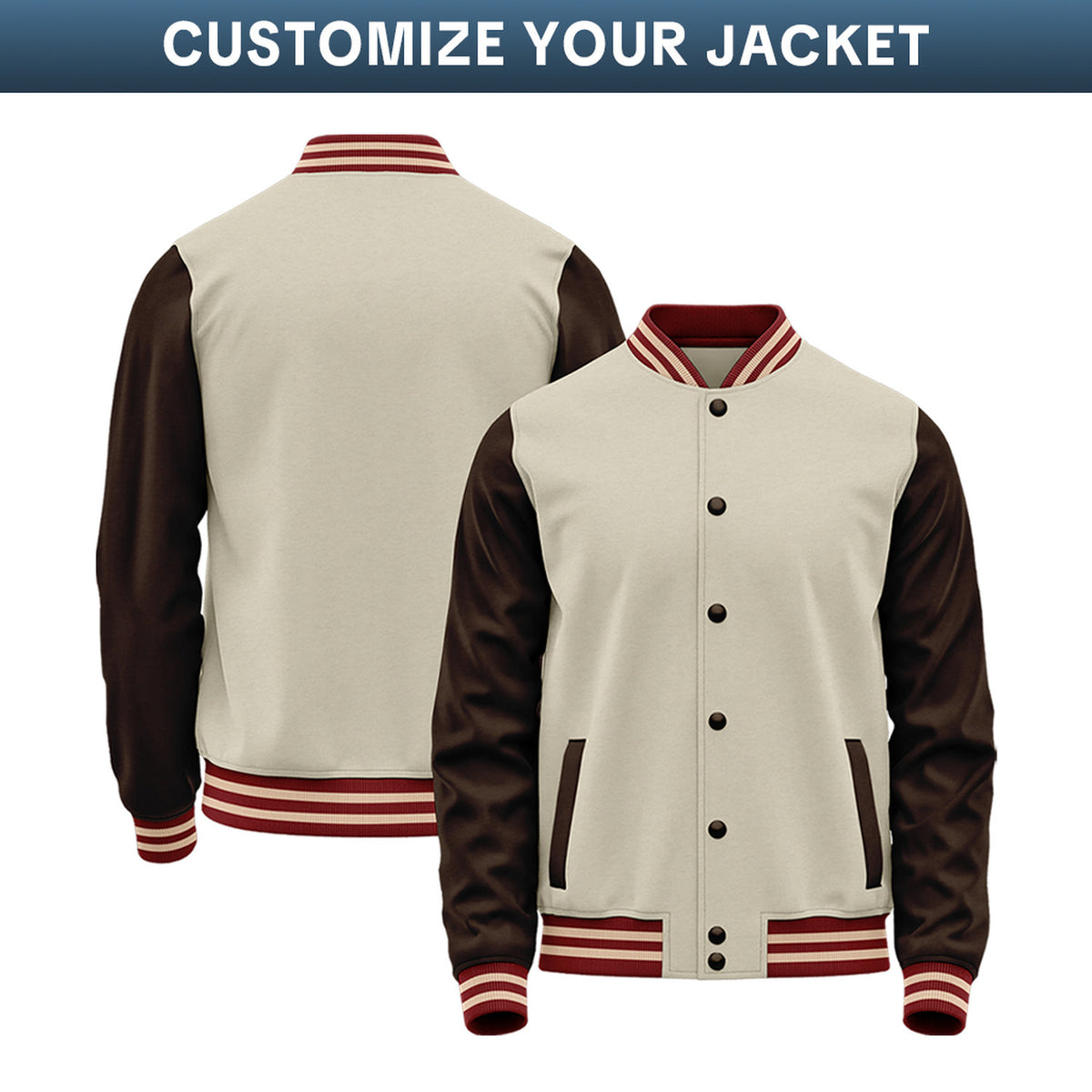 Custom Varsity Jacket with Embroidered Name & Number | Cream & Brown Personalized Team Letterman Bomber