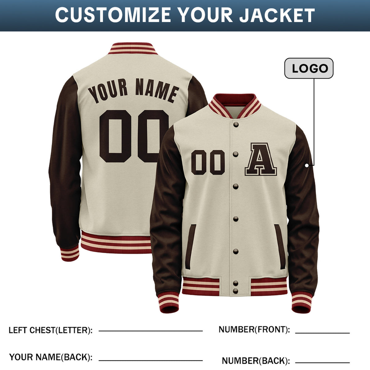 Custom Varsity Jacket with Embroidered Name & Number | Cream & Brown Personalized Team Letterman Bomber