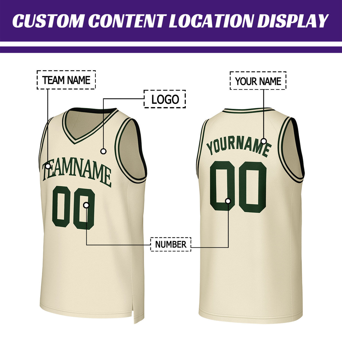Custom Cream & Dark Green Basketball Jersey | Personalized Name & Number Team Uniform